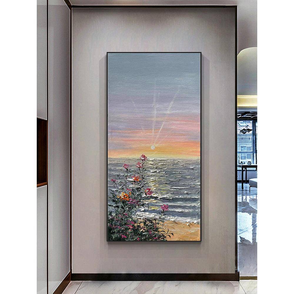 大芬油画村日出花纯手绘油画花卉海浪海景现代简约装饰画玄关挂画