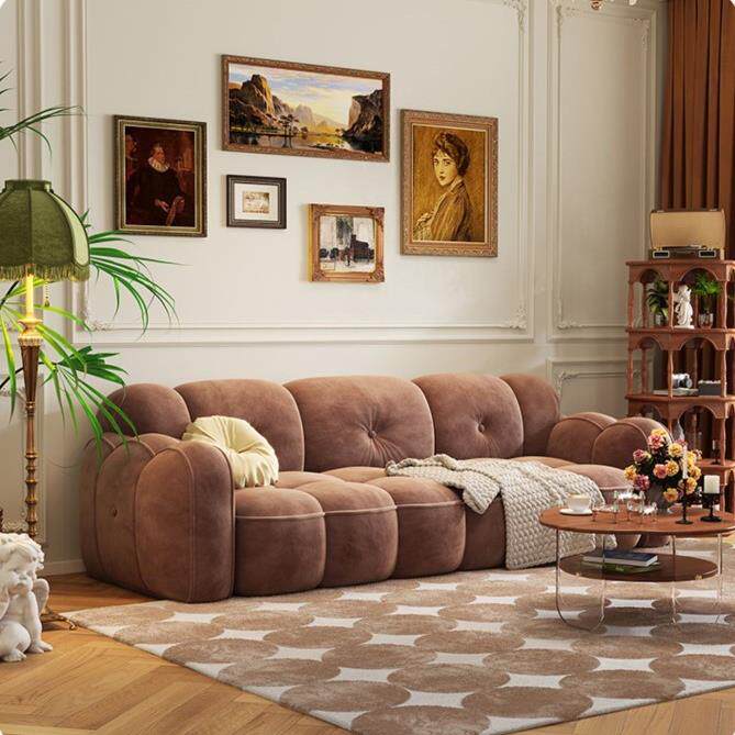 北欧轻奢乳胶小户型客厅简约现代绒布豆腐块拼色法式奶油云朵沙发