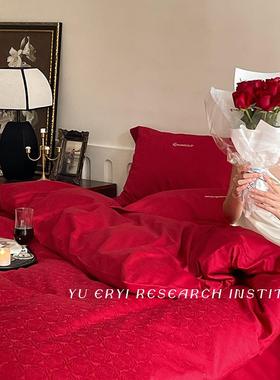 KI9S高支高密丨长绒棉四件套纯棉2024新款大红色结婚庆新婚房