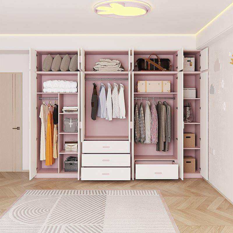 批儿童房衣柜卧室家用女孩粉色整墙到顶实木衣橱收纳柜子平开门可