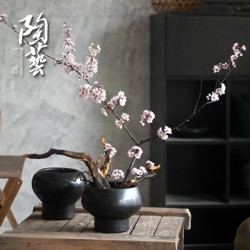 黑色花瓶摆件多肉花盆花器新中式客厅插花干花仿真花复古土小陶罐