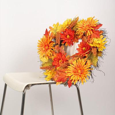 圣诞节仿真枫叶菊花节日装饰花环 感恩节太阳圈菊花高粱花圈厂