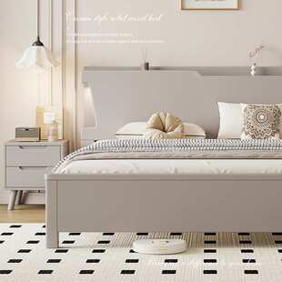 白蜡木大床一米五实木床加床垫家用卧室莫兰迪灰双人床北欧实木床