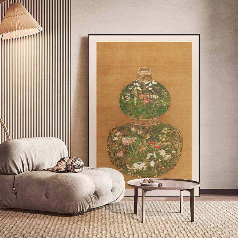 葫芦花瓶轻奢高级感法式复古装饰画新中式中古风挂画客厅玄关壁画