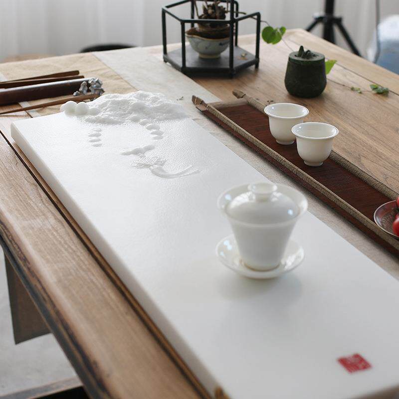 高档整块汉白玉茶盘大号中式客厅天然石头财办公室浮雕排水茶台海