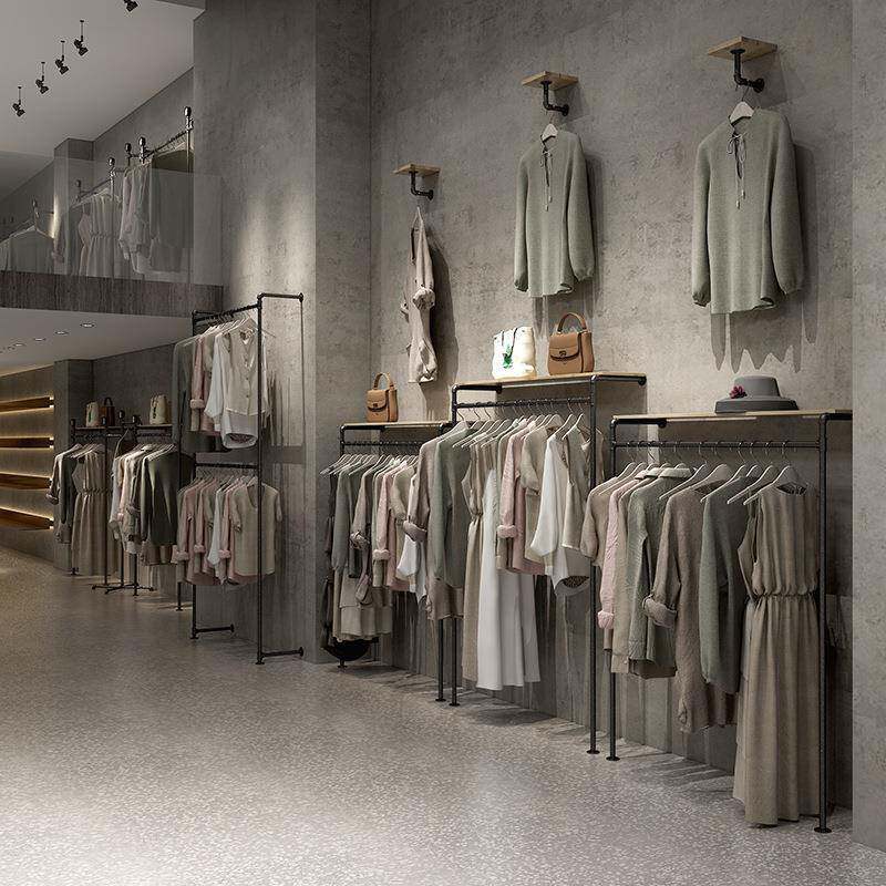 铁艺复古水管靠墙服装架落地展示架水管立柱双层挂衣架男女装衣架