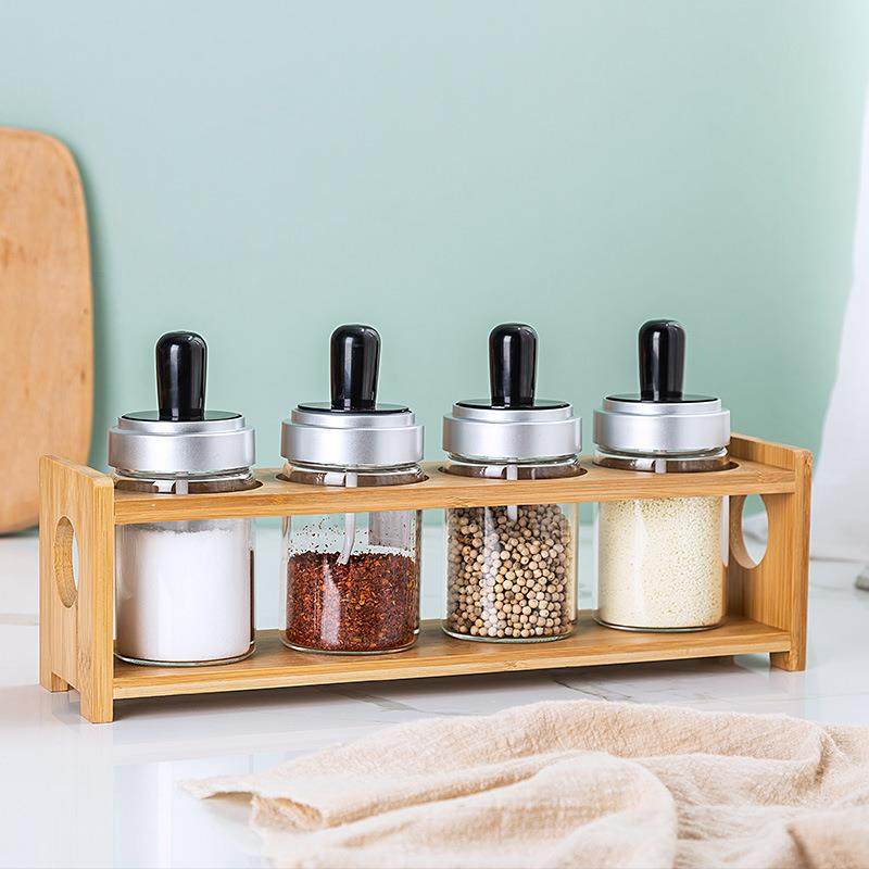 供应竹木架高硼硅玻璃油瓶调味罐时尚简约创意厨房日用品