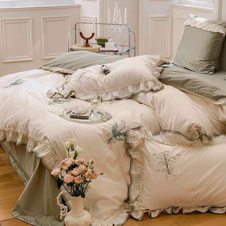 田园植物花卉四季款长绒棉全棉四件套刺绣荷叶边纯棉被套床上用品