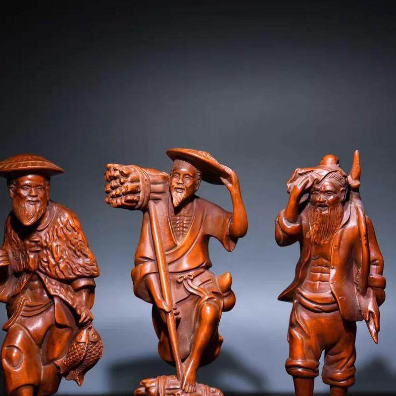 黄杨木精雕渔樵耕读一套小摆件文玩木雕渔翁农夫木器摆件古玩旧藏