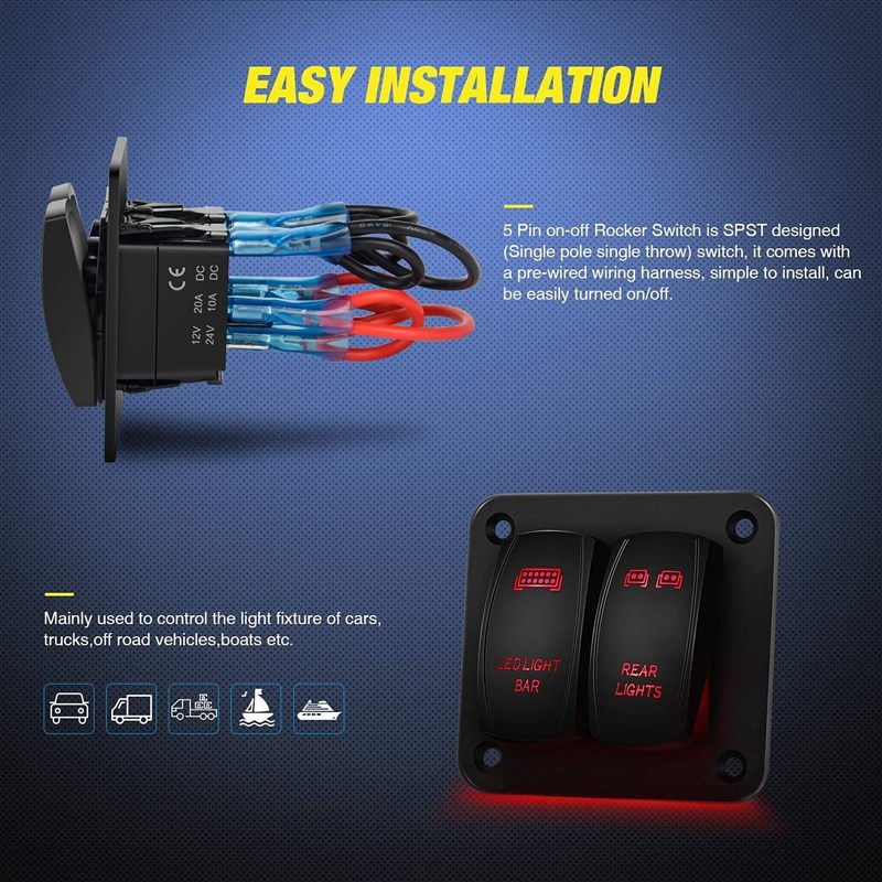 车船用铝合金 2位开关面板双蓝灯翘板开关组合12-24V 船型开关