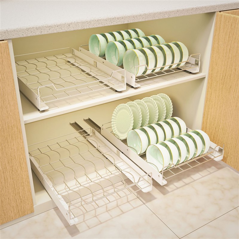 厨房抽拉碗碟收纳架橱柜免打孔碗盘拉篮收纳架抽屉式碗架盘子沥水