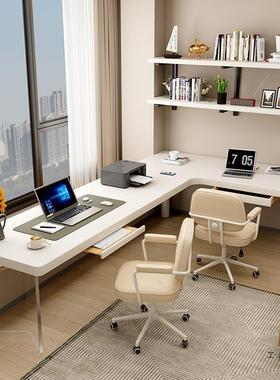 亚克力转角书桌悬浮白色奶油风实木电脑桌子l型7拐角双人长条桌