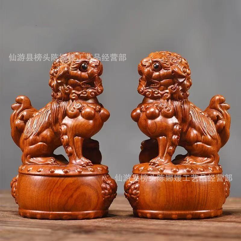 花梨木雕狮子摆件实木一对大号宫门战鼓狮家居客厅玄关装饰工艺品