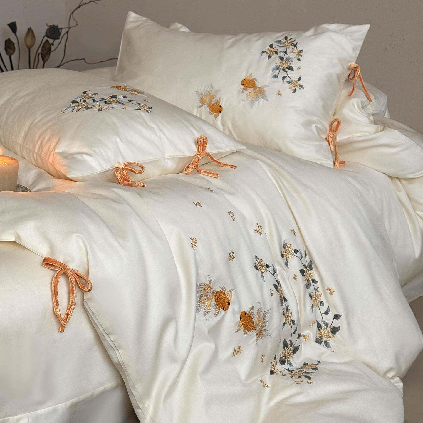 法式小清新100S长绒棉四件套纯棉刺绣被套全棉床单高级床上用品4