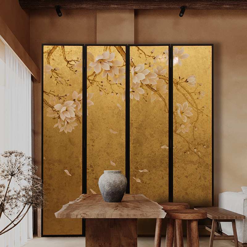 侘界屏风酒店客厅卧室壁画手绘漆画折叠屏风碎金箔玉兰花图可
