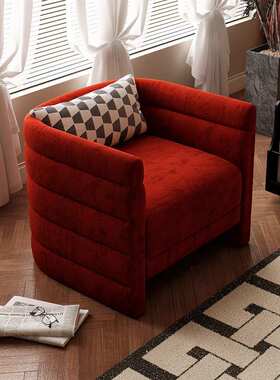 法式复古客厅家用单人沙发卧室红色布艺沙发美式单人椅阳台休闲椅