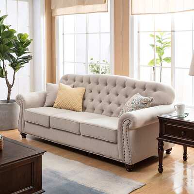 简约美式乡村布艺沙发法式复古三人位轻奢风现代麻布田园拉扣接待