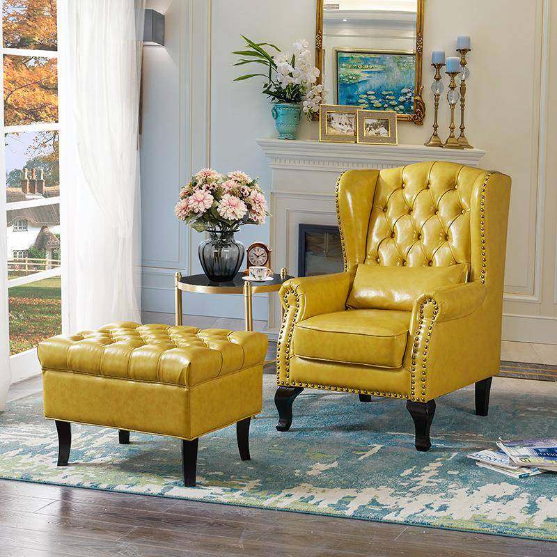 单人沙发美式休闲皮沙发高背皮质沙发椅凳脚踏组合美式乡村老虎椅