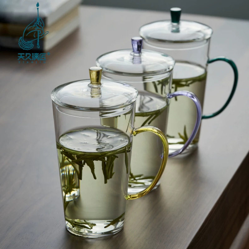 天久璃匠玻璃随心绿茶杯带盖彩把家用办公室喝水泡茶杯高档耐高温