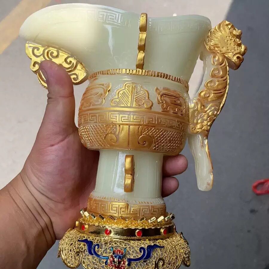 仿古夜光龙凤鎏金花瓶树脂摆件龙凤镶嵌家居装饰古玩收藏工艺品