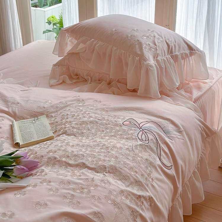 少女心100S长绒棉四件套浪漫刺绣法式荷叶边蕾丝网布被套床上用品