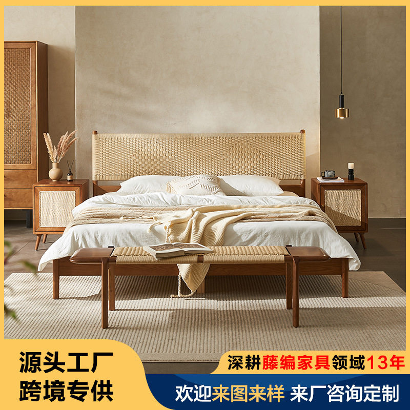 东南亚风格实木床1.8米藤编双人床酒店民宿藤艺家具设计师款藤床