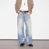 Deep Rain奶油蓝立体猫须蜂窝雪花纹水洗做旧宽松直筒百搭牛仔裤