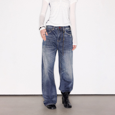 DeepRain做旧磨破猫须裂纹牛仔裤