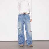 水洗做旧猫须宽松休闲A字牛仔裤 Deep Rain缝补破洞美式