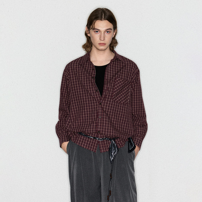 DeepRain英伦风暗红色格子衬衫