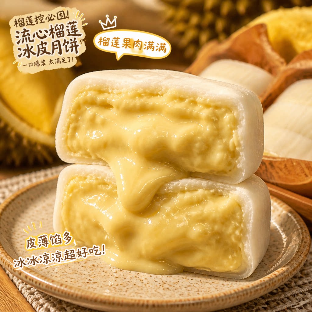 【会员超市】猫山王榴莲冰皮月饼爆浆休闲解馋小零食好吃流心点心