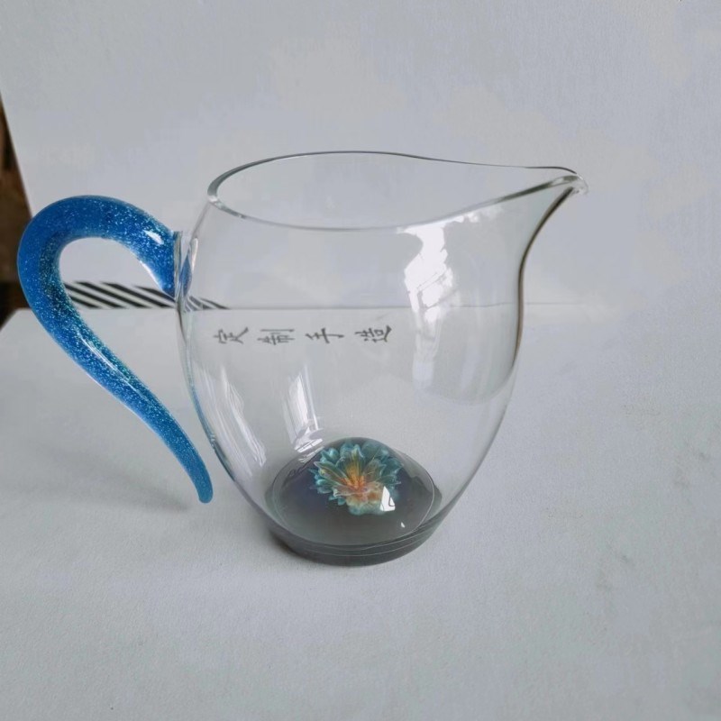 加厚高硼硅玻璃公道杯 花语棠韵怡然茶海分茶器 创意彩色把手茶海
