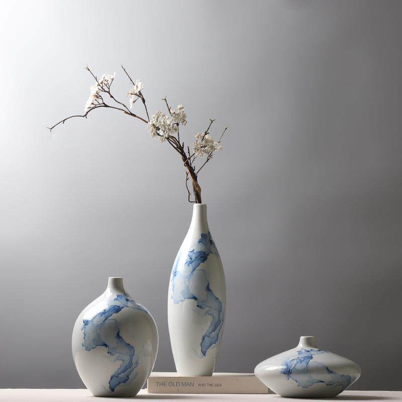 新中式陶瓷花瓶创意贴花工艺品客厅样板房插花装饰品小口瓶摆件