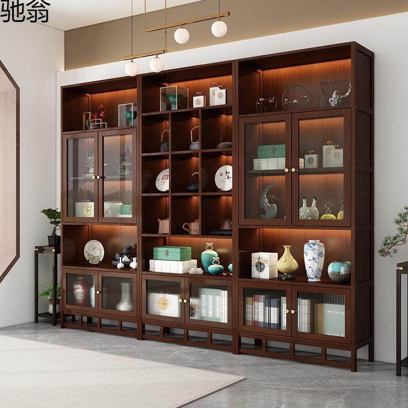 新中式实木博古架茶室背景置物架多宝阁架商用隔断带灯展示柜