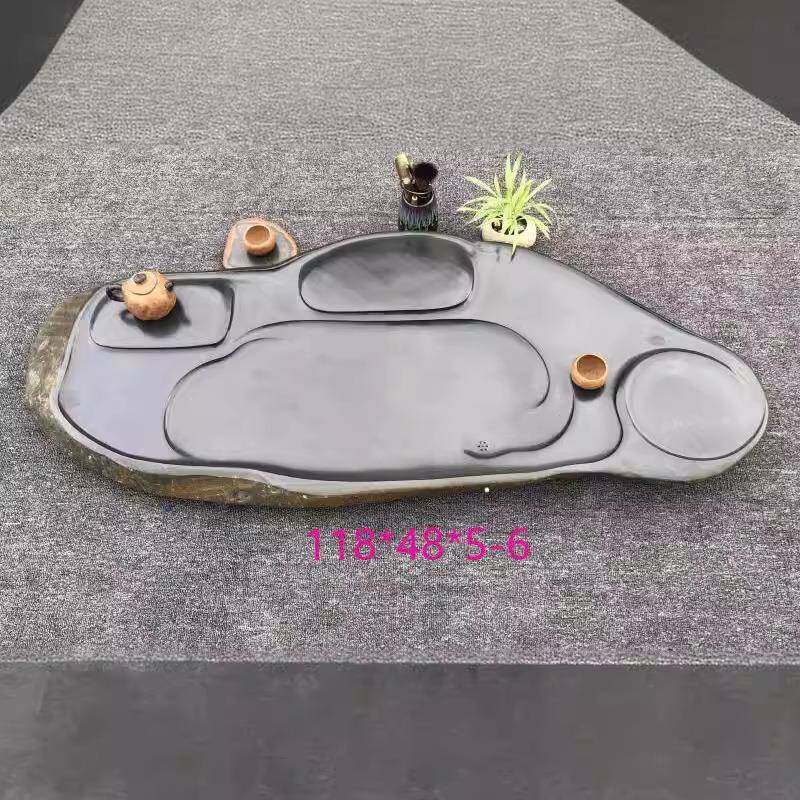 歙砚天然砚石素面茶盘新中式复古茶海毛石料茶具金皮黑色石材茶台
