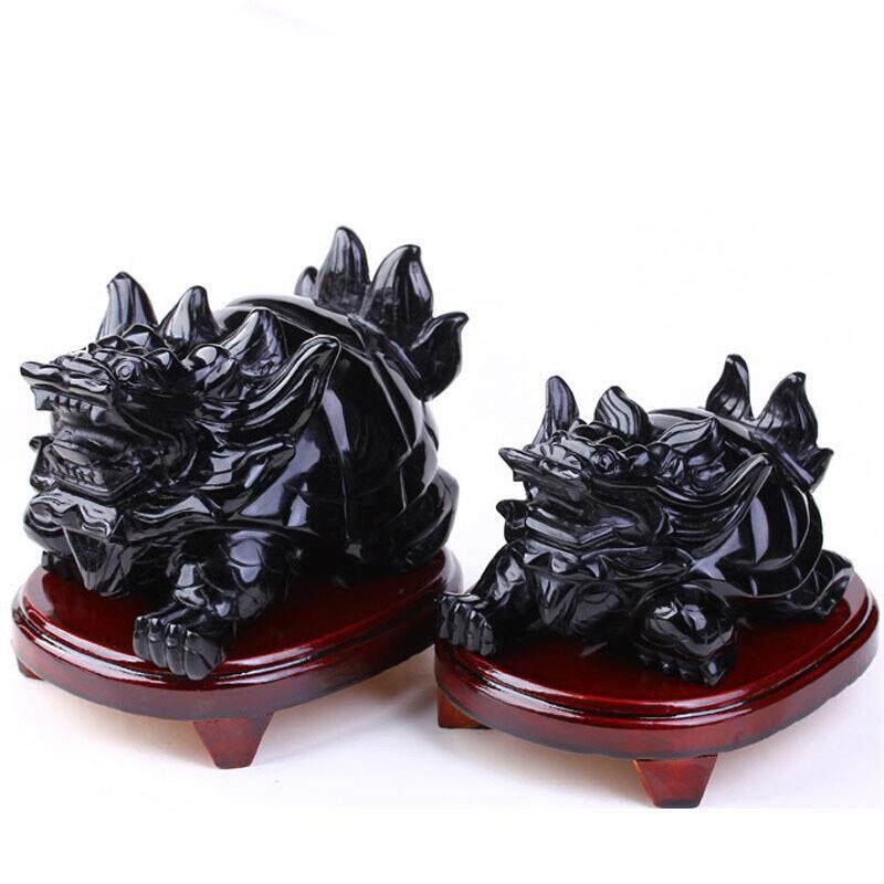 天然水晶黑曜石龙龟摆件办公室客厅玄关工艺品