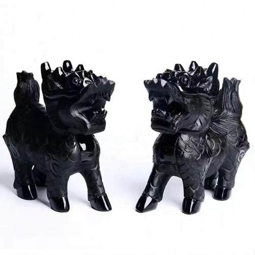 天然黑曜石麒麟摆件微景观聚财摆件家居办公室摆饰