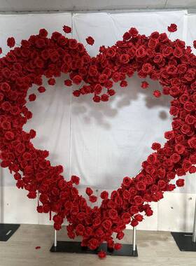 仿真布底红色心形拱门玫瑰拱门婚庆背景网红打卡背景
