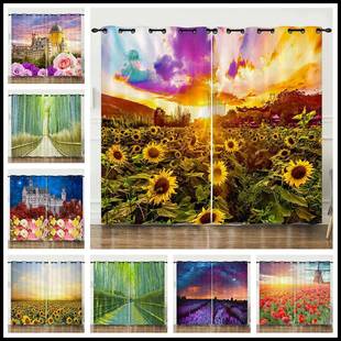 eBay窗帘田园向日葵花海竹林数码 印花遮光帘打孔