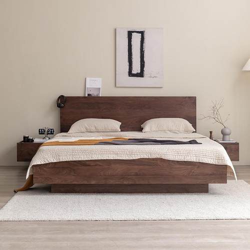 现代简约榻榻米悬浮高箱体气压储物地台实木黑胡桃双人床北欧日式