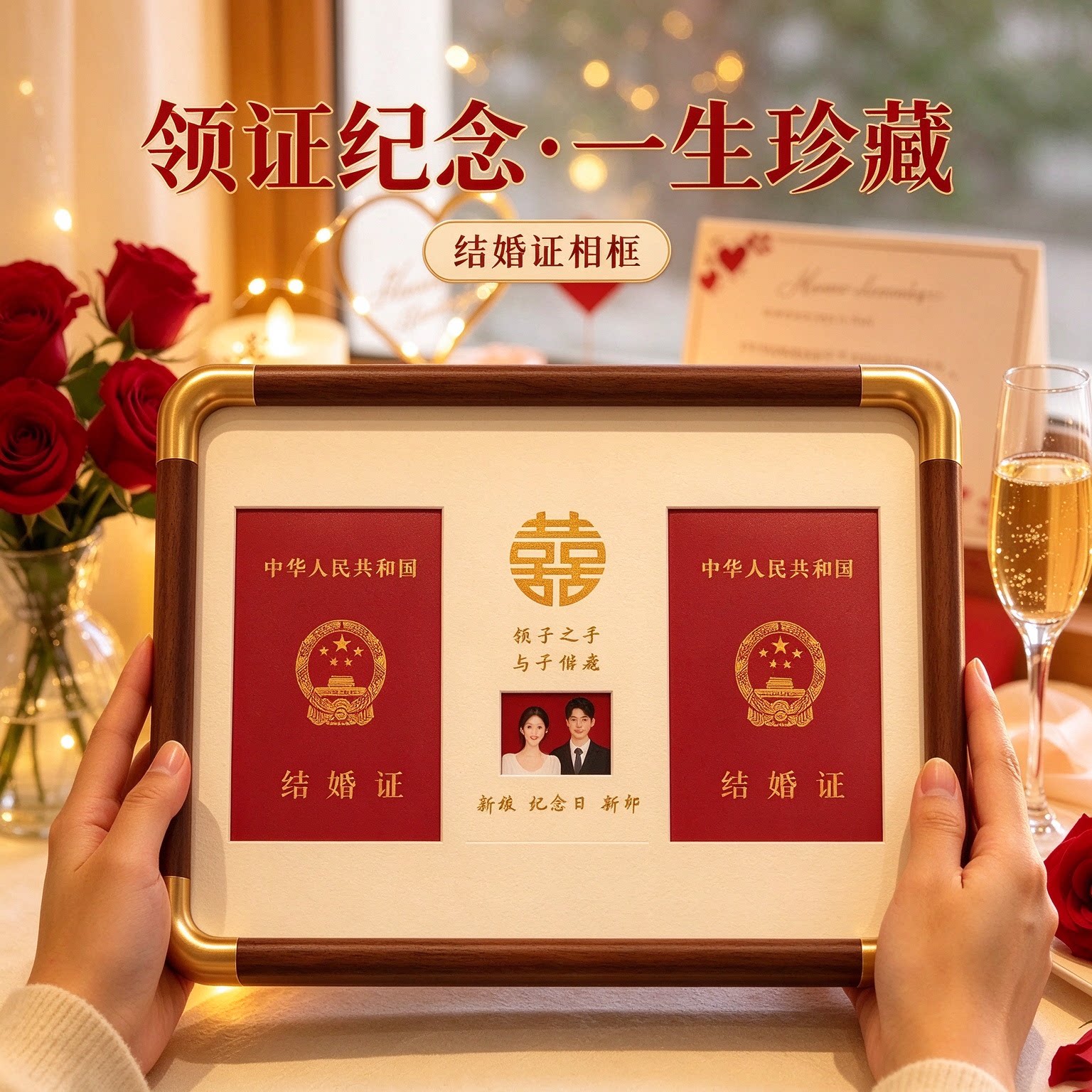 新中式仿铜角结婚证摆台相框