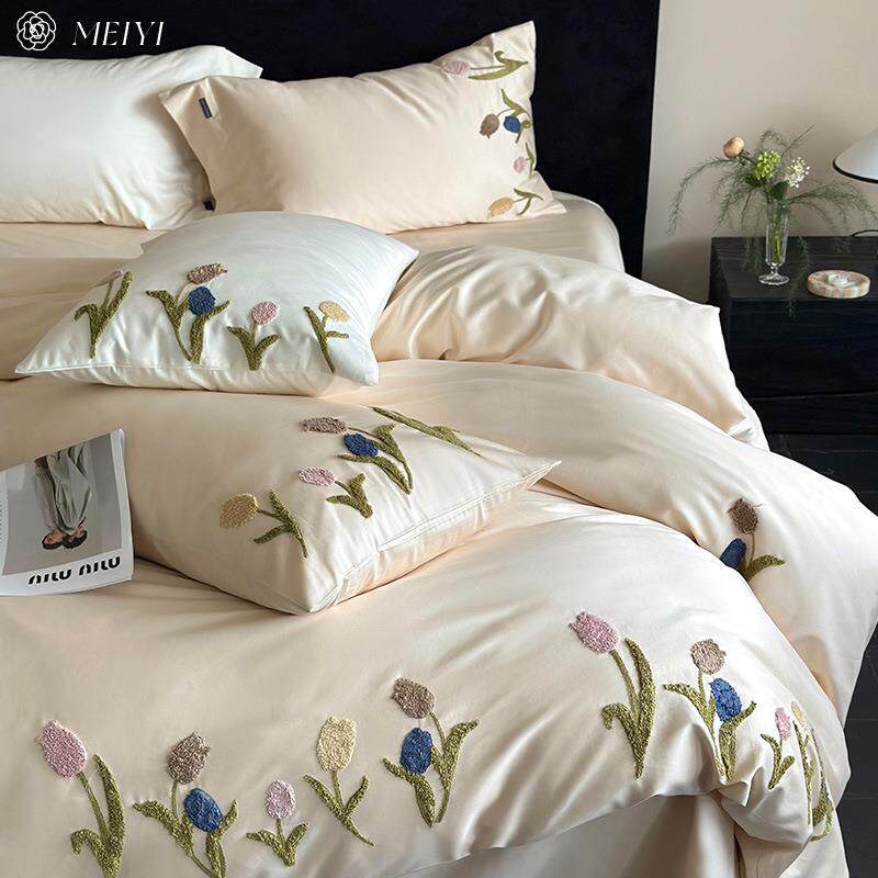 全棉小清新100S纯棉床单四件套被套贡缎毛巾刺绣2024新款床上用品