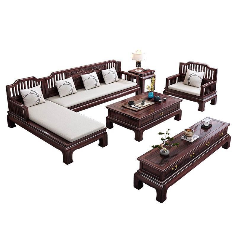 新中式榆木全实木转角沙发组合三人位客厅大小户型贵妃轻奢家具