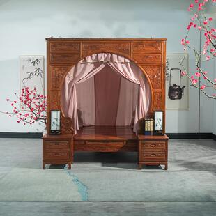 中式整床幔复古风格双月洞红拔步架F767H979子床橡素棉纱体定皮制