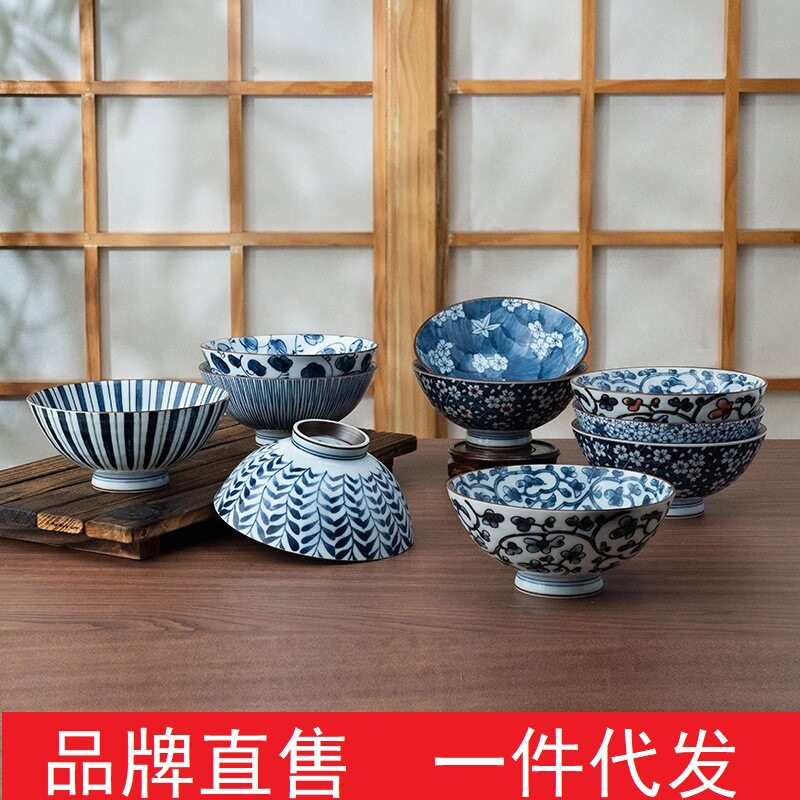 美浓烧和风蓝绘陶瓷高脚米饭碗
