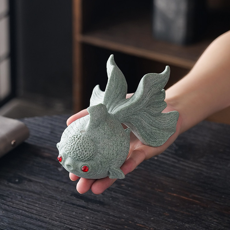 创意小金鱼茶宠摆件国潮动物微景观盆栽鱼缸造景桌面青砂石装饰品