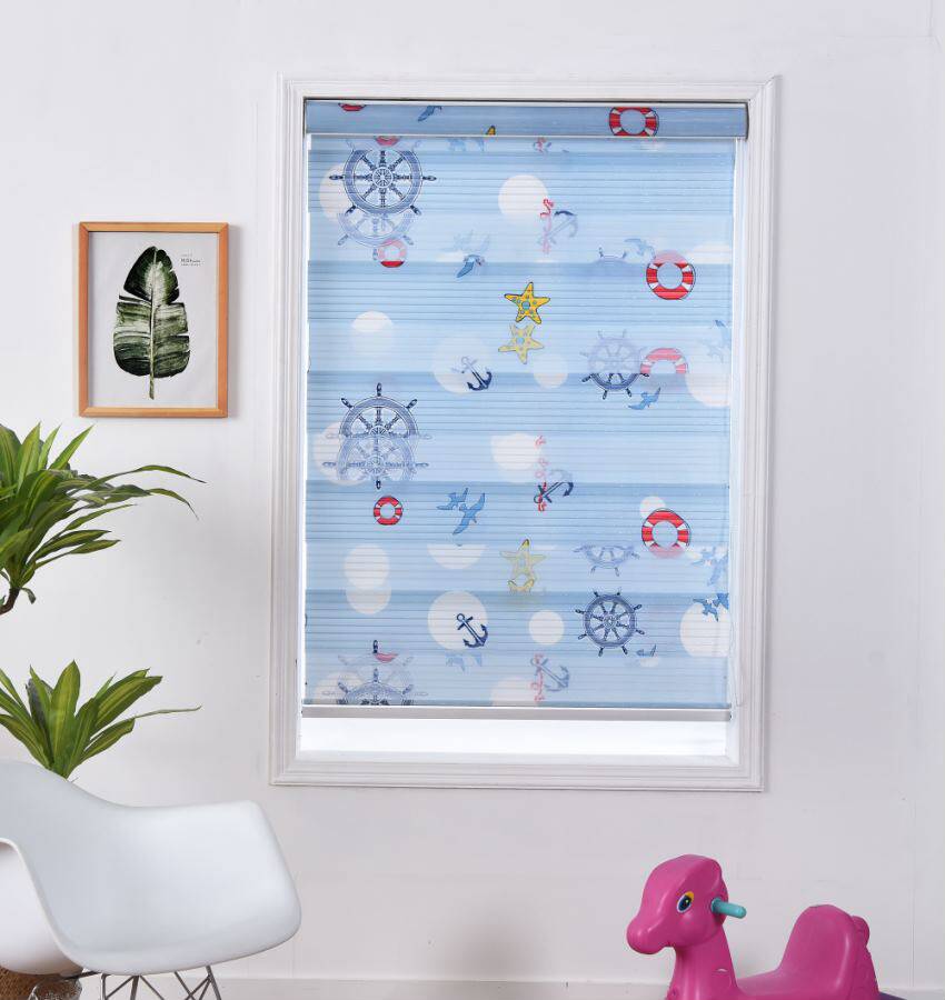 蓝色海洋汽车免打孔儿童男孩房间百叶卷帘窗帘卧室升降遮光柔纱帘