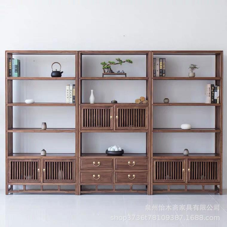 新中式书柜实木茶室茶展示架古董陈列博古架书架组合禅意置物书柜