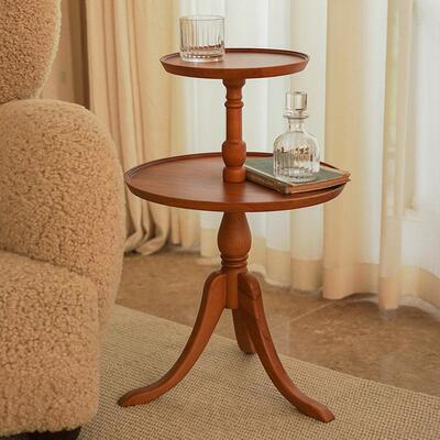 西贡边几小茶几家用客厅卧室复古床头柜双层小边几圆形实木中古