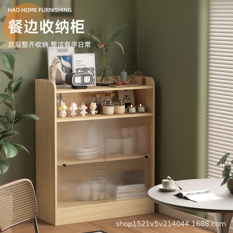 简约木纹置物架厨房餐边柜橱柜餐具防尘收纳柜茶水间多层置物柜子